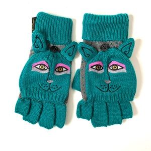 Laurel Burch Studios Doggie Flip Mittens Convertible Gloves Whimsical Teal